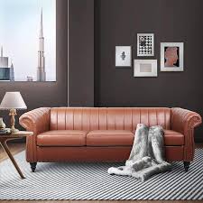 Simple Relax 84 In Brown Round Arm Faux Leather Straight Chesterfield 3 Seater Sofa