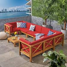 Her easy porch decorating ideas are very affordable and will inspire you to think red! Elisha Outdoor 9 Piece Acacia Wood Sectional Sofa Set And Coffee Table With Cushions Teak Red Walmart Com Wood Patio Wooden Sofa Designs Pallet Garden Furniture