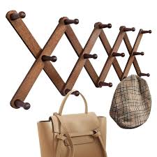 Wood Accordion Wall Hanger Expandable Coat Rack Wall Mount With 14 Pegs Expanding Hat Rack For Wall X Shape Brown