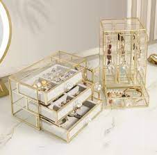 Square Gold Glass Jewellery Box Glass