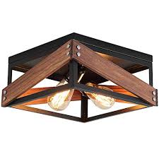 Rustic Industrial Flush Mount Light Fixture Two Light Metal And Wood Square Flush Mount Ceiling Light For Hallway Living Farmhouse Goals