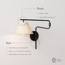 Nathan James Kai Bohemian Plug In Wall Sconce Wall Mounted Bedside Reading Lamp With Rattan Shade Matte Black Finish