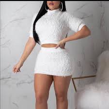 Chic Me Nwt S White Fluffy Crop Top Mini Skirt Nwt
