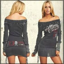 Details About Women Affliction Hectic Skull Off Shoulder Top Lace Up Long Sleeve Sweater Dress