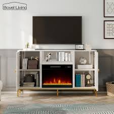 Boyel Living White Tv Stand Fits Tvs Up To 60 In With 2 Doors And 23 In Electric Fireplace White 223