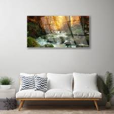 Glass Wall Art Waterfall Forest Stones