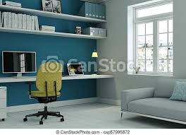 The orange colored background in the shelves adds a cheery spirit to this cozy and comfy home office. Modern Home Office With Yellow Chair And Blue Wall Interior Design 3d Rendering Mockup Canstock