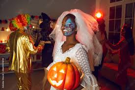 dressed as dead bride at dark halloween