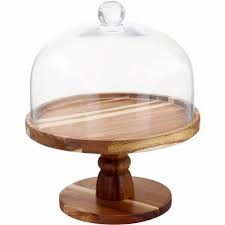 Natural Wooden Cake Stand With Glass