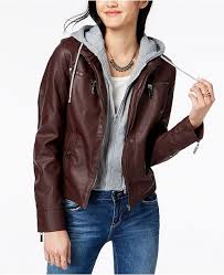 Juniors Hooded Faux Leather Moto Jacket