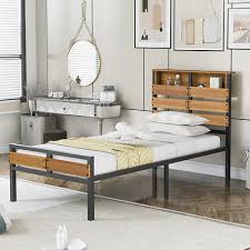 Metal And Wood Bed Frame With Headboard