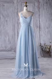 Pleated Light Blue Chiffon Floral Long Bridesmaid Dress Vq