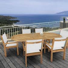 Royal Teak Collection P16wh 7 Piece Teak Patio Dining Set With 72 96 Inch Oval Expansion Table Captiva Stacking Chairs White Sling