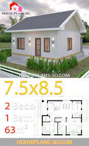 2 bedrooms gable roof house plans 3d
