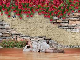 Brick Wall With Flowers Wallpaper Mural