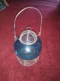 Candle Holder Lantern W Blue Glass