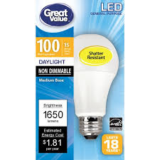 Great Value Led Light Bulb 15w 100w Equivalent A19 General Purpose Lamp E26 Medium Base Non Dimmable Daylight 1 Pack Walmart Com Walmart Com