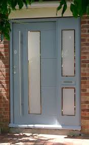 Grey Front Door With Frosted Window And