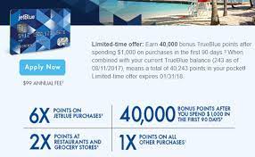 Use your jetblue card to earn a total of 5 points per eligible $1 spent at participating restaurants when you're opted in to trueblue dining emails—that's 3 points from trueblue dining and 2 points by using your jetblue card*. Barclaycard Jetblue Plus 40 000 Point Offer Highest Ever Doctor Of Credit