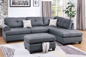 Poundex 3 Piece Fabric Sectional Sofa Set With Storage Ottoman Blue Grey