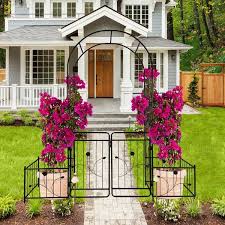 Tiramisubest 86 6 In H Metal Garden Arch With Gate Climbing Plants Support Rose Arch Outdoor Black Trellis Blacks