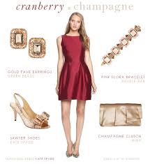 cranberry dress and chagne accessories