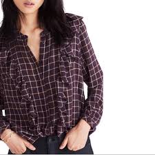 Madewell Plaid Ruffled Glitter Front Button Top