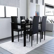 5 Piece Kitchen Room Diamond Shaped Dining Table Glass Top Black And 4 Black Pu Chairs Set