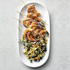 Grilled Spiced Shrimp Skewers With Corn And Poblano Salad gambar png