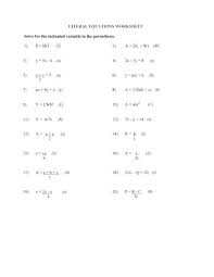 Literal Equations Worksheet Solve For