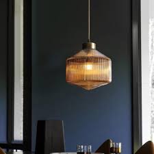 Drum Pendant Lighting Nordic Amber Clear Smoke Ribbed Glass 1 Light Suspension Lamp In Brass Beautifulhalo Com