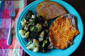 Broccoli and cauliflower are both cruciferous vegetables. Ham Steak Sweet Potato Roasted Broccoli And Cauliflower Jpg Peanut Butter Fingers