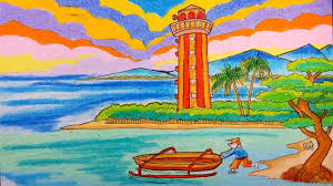 Kemudian, tambahkan detail pantai seperti pohon kelapa,. Cara Menggambar Mercusuar Perahu Nelayan Dan Pantai Dengan Crayon Oil Pa Pastel Cara Menggambar Gambar