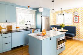 blue cabinets and yellow walls