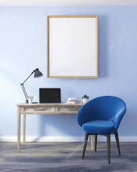Modern furniture and decor for your home and office. Modern Home Office Interior With Light Blue Walls A Wooden Floor A Computer Table And A Framed Vertical Poster 3d Rendering Mock Up 191010732 Larastock