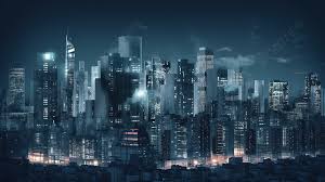 3d city skyline in blue at night scene