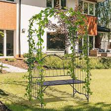 Outsunny Outdoor Garden Arbor Arch Steel Metal With Bench Seat Black