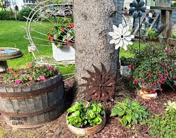 under the spruce tree pots of annuals