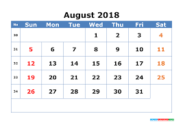 August 2018 Calendar With Week Numbers Printable Free