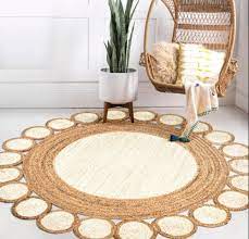 round jute rug beige white hand made