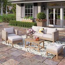 Phi Villa 5 Piece Rattan Wood Outdoor