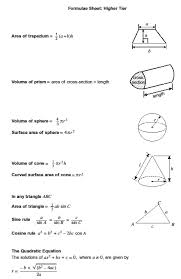 exam formula sheets revision maths