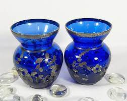 Vintage Blue Blown Glass Vases With