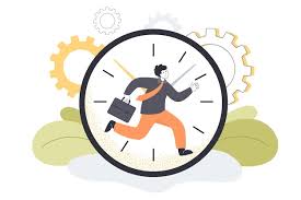 時計の文字盤の背景で仕事を急いで実行している小さな漫画の男。良い人は、初期のフラットベクトルイラストを仕事に行きます。時間管理、時間の概念を示すクロノメーター  | 無料のベクター