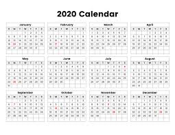 2020 Year Calendar With Holidays