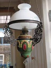 Hanging oil kerosene oil lamp converted electric. Antique Hanging Oil Lamp With Majolica Ball Catawiki