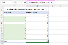 numbers that equal a given sum in excel