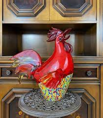 Large Red Rooster Glass Figurine
