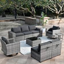 Hooowooo Tahoe Grey 9 Piece Wicker Wide Arm Outdoor Patio Conversation Sofa Set With Swivel Rocking Chairs And Black Cushions