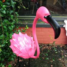 upcycled metal yard art flamingo